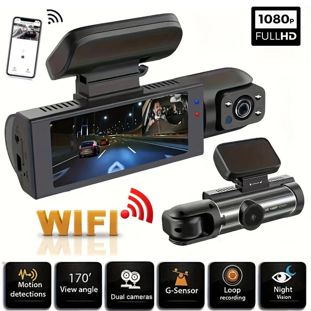 1080P WiFi Dubbelkamera Dash Cam – Främre &amp; Inuti Bilkamera med IR Nattvision &amp; Loopinspelning