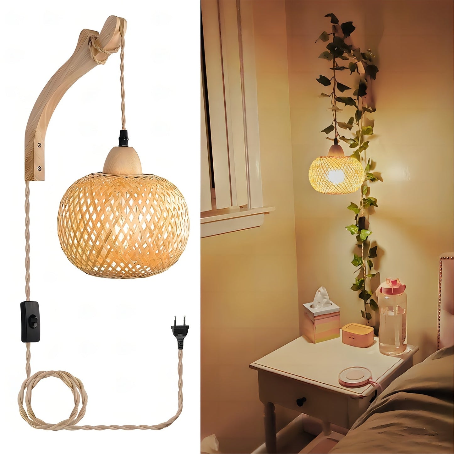 Rustik bambu vägglampa – vävd skärm med stickkontakt i vintage stil