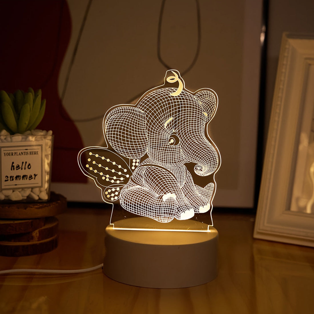 AngelElephant - 3D Illusion LED Nattlampa, USB Driven Bordslampa