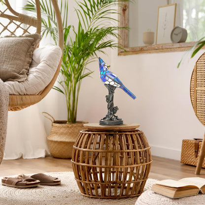 Färgat glas fågel bordslampa bronssockel