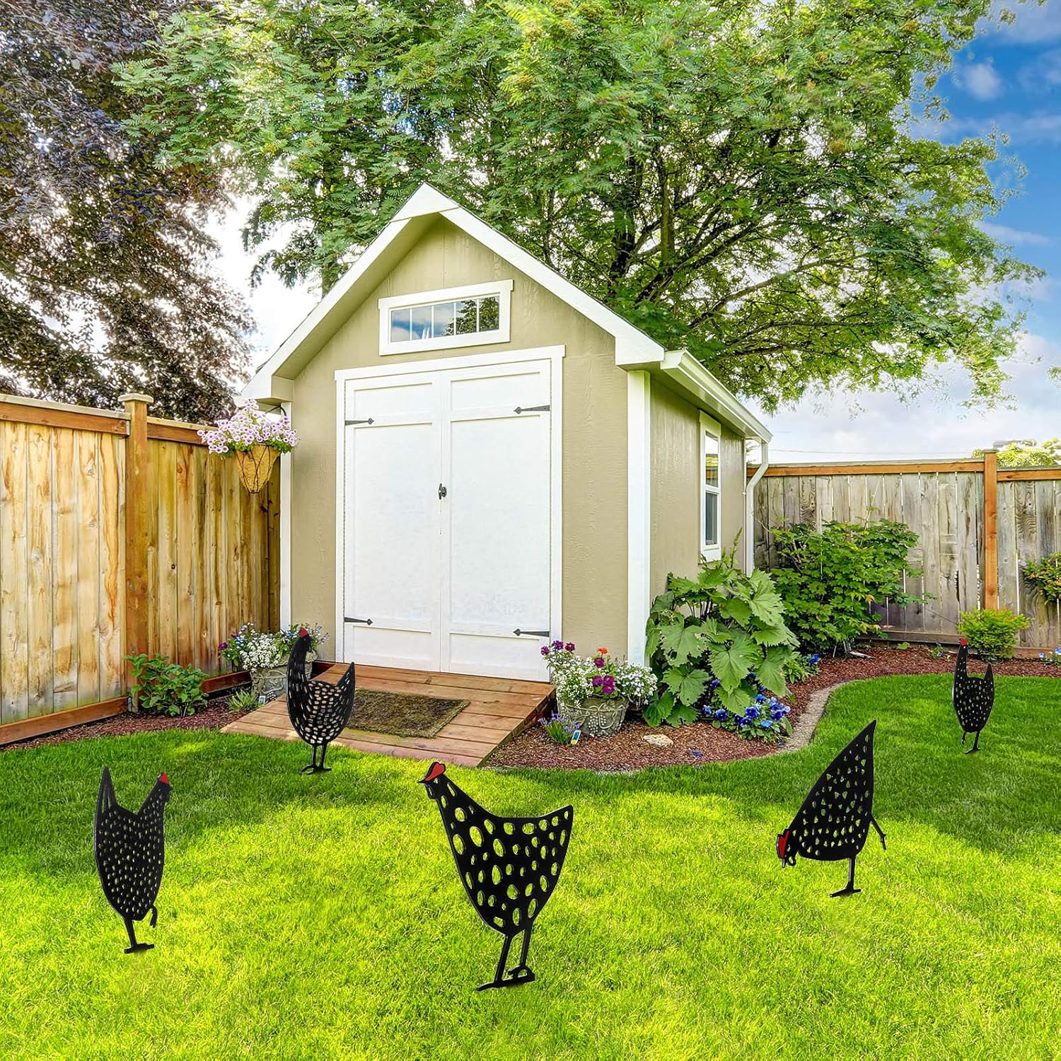 Dekorativa höns i metall - trädgårdssticker set för utomhusbruk