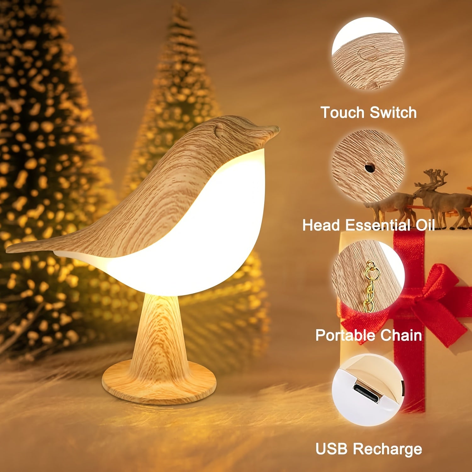 LED Fågel Lampa med Aromadiffusor – USB Uppladdningsbar Nattlampa och Lästampa med 3 Färgtemperaturer