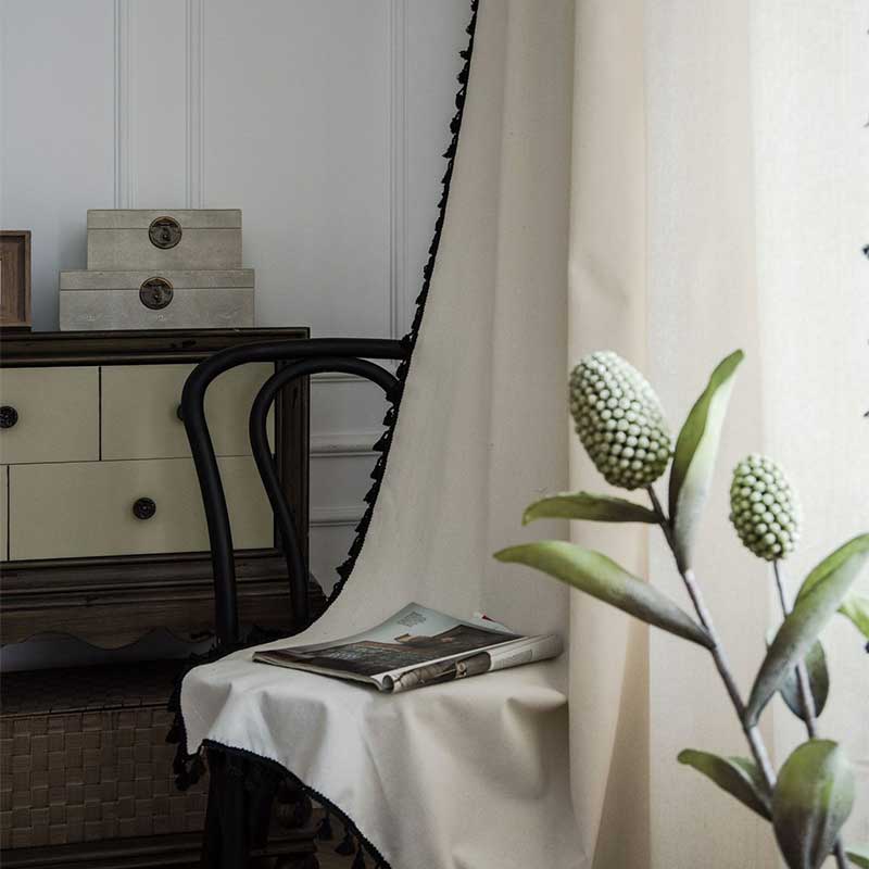 Bomull Linne Beige Gardin med Svart Fransen