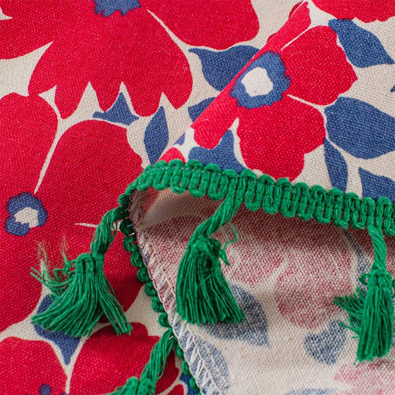 Röd blommig tryck fringed lager gardin i bomull linne