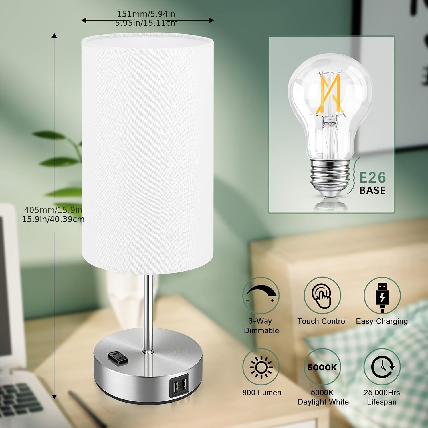 Lumora Sängbord Laddningslampa – Touch Control LED Nattduksbordslampa med USB-port