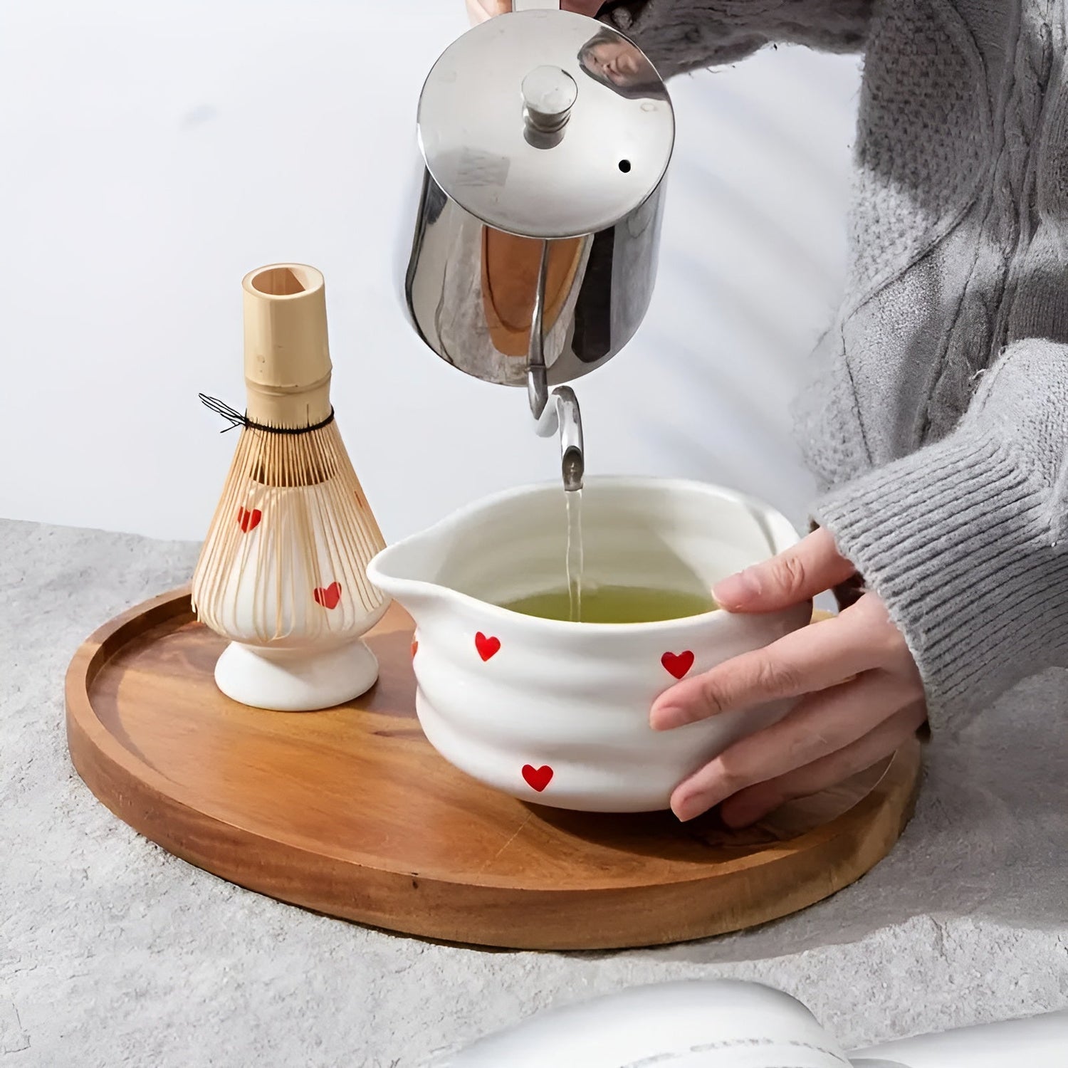 Matchaskål med hjärtdesign – 4/5 stycken utgjutare &amp; bambu visp | Ideal för hemmabruk