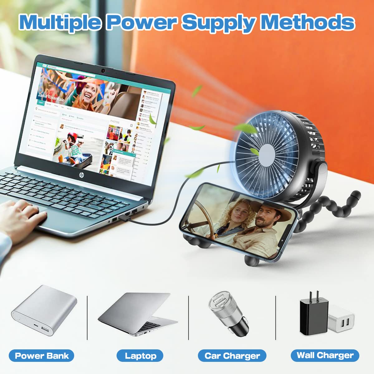 Carvallo Mobiler Akku-Ventilator 8000mAh | 360° roterande med LED-nattlampa | 4 hastigheter &amp; 27 timmars driftstid | USB-laddning