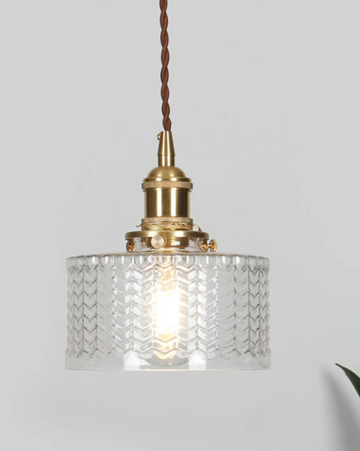Vintage Glass Ceiling Pendant | Textured Glass & Brass | Warm 3000K Glow