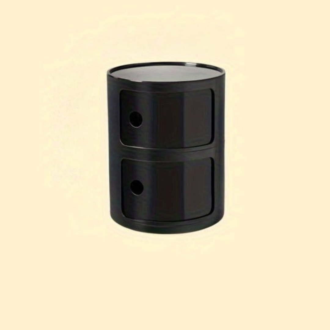 Sängbord med runda plastförvaringslådor