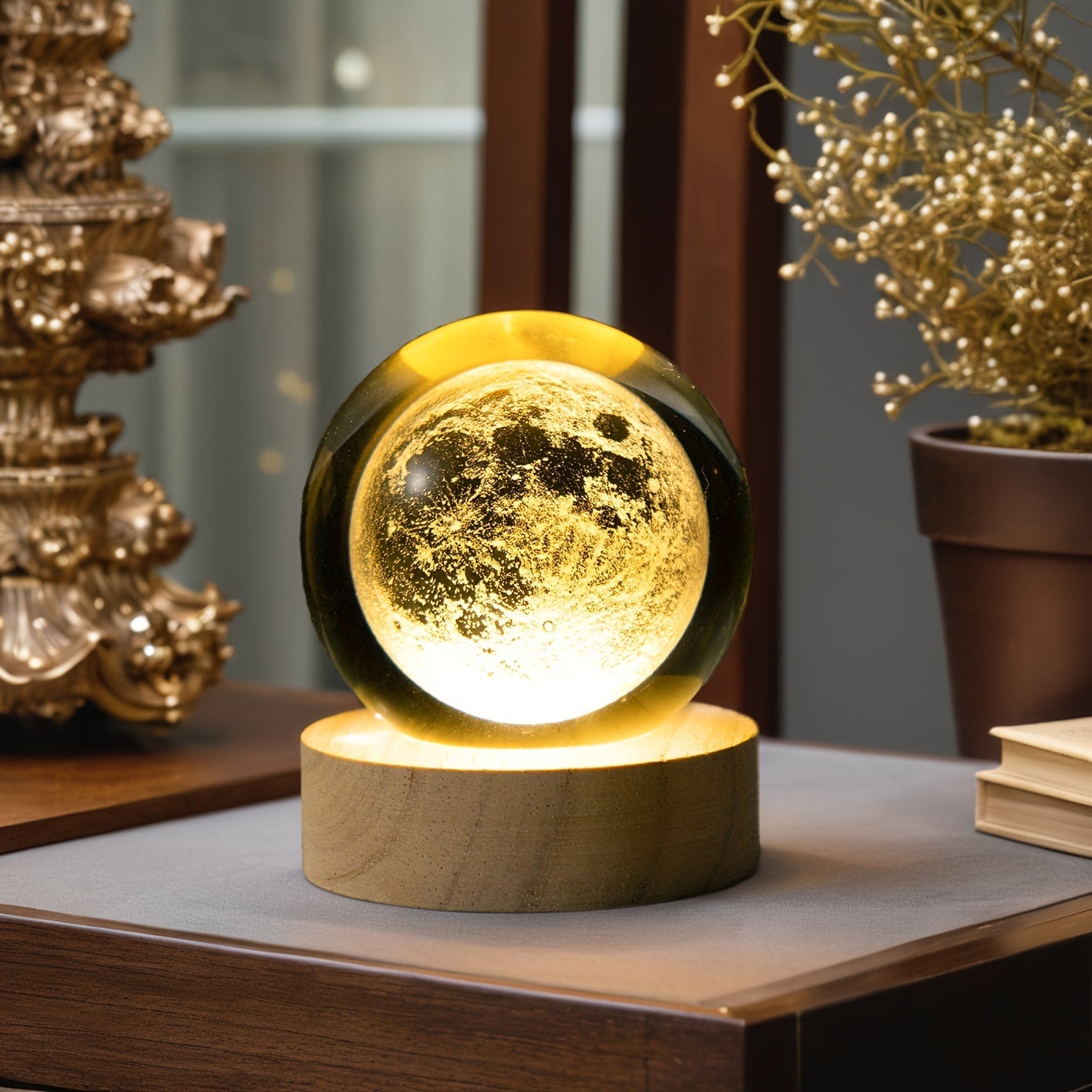 MoonCrystal - Mån Kristall Bollampa med Träbas
