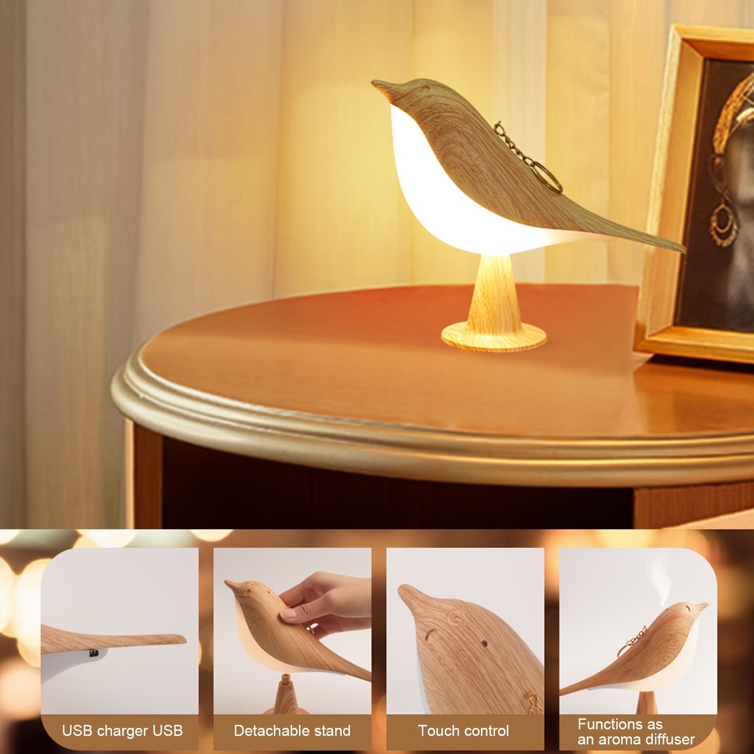 LED Fågel Lampa med Aromadiffusor – USB Laddningsbar Nattlampa och Lästlampa med 3 Färgtemperaturer