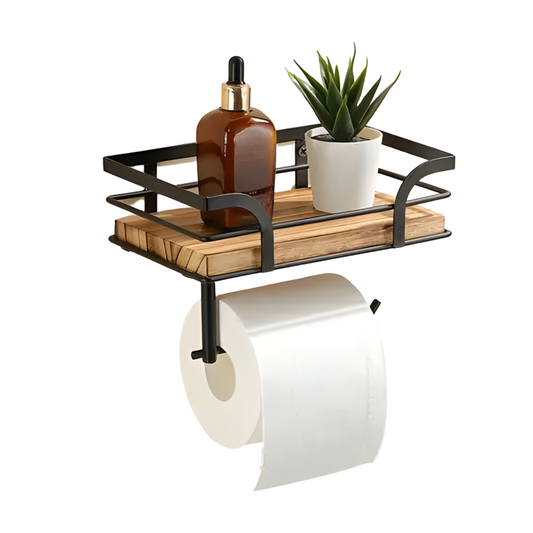 Trähylla med pappershållare – Praktisk organisatör för badrummet