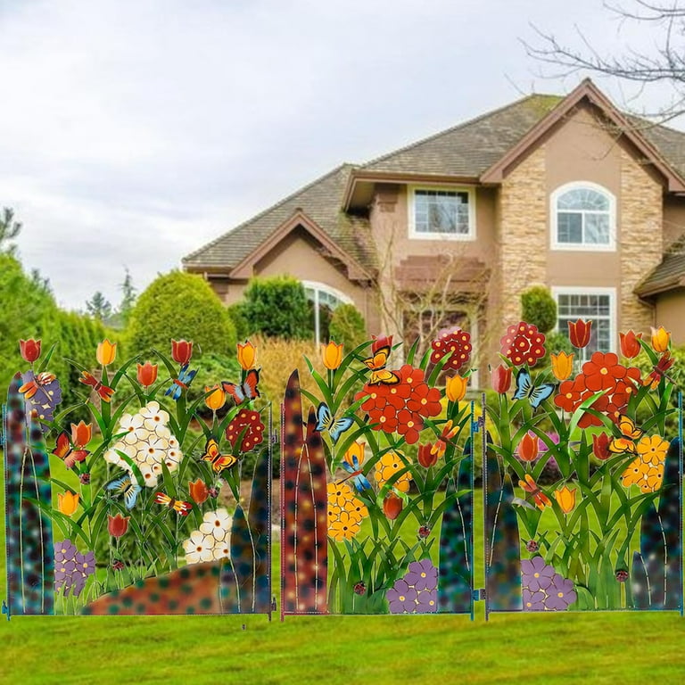 Färgglad trädgårdsgärdsdekoration med blommor och fjärilar – Metallstaket för trädgård och terrass