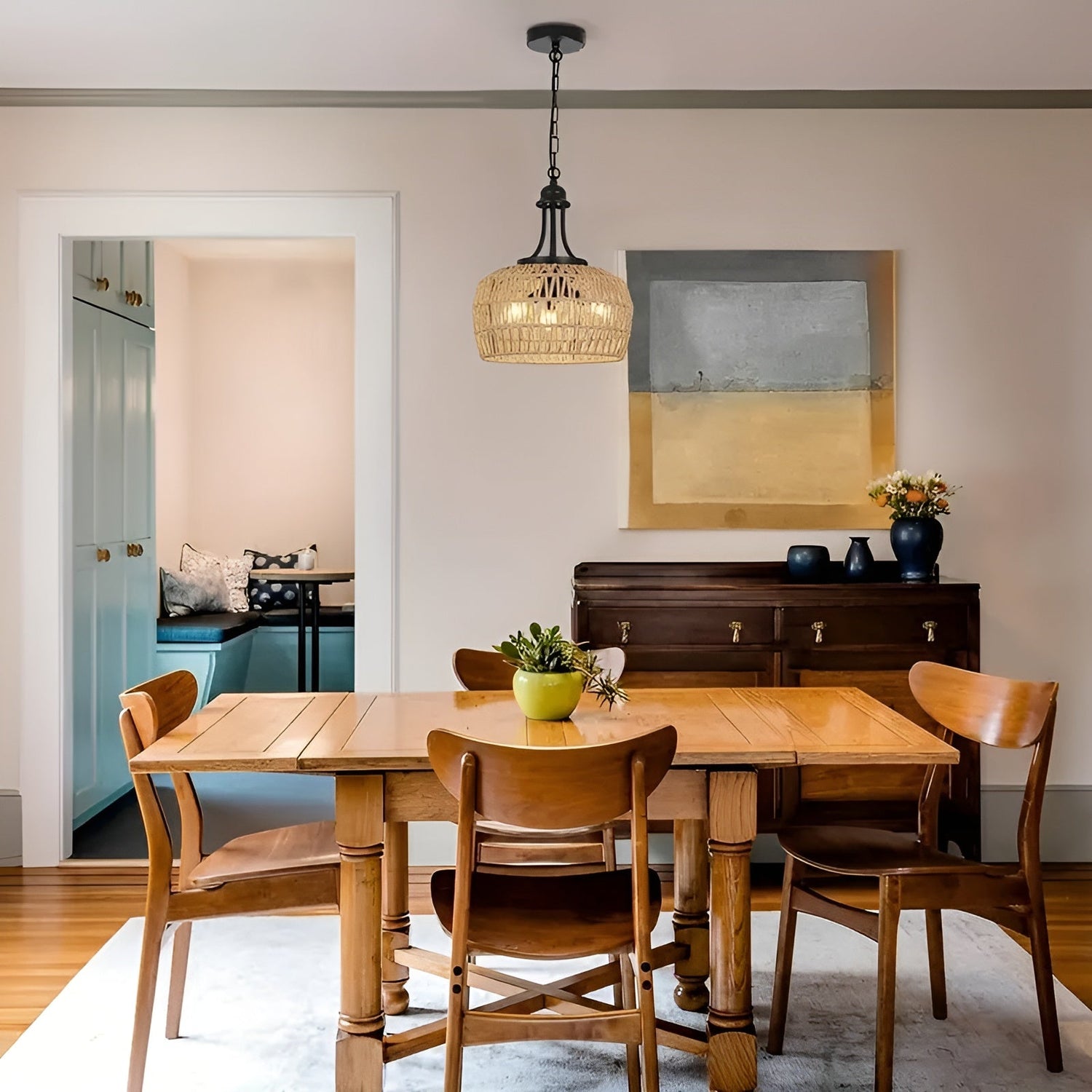 Boho-hänglampa med rottingskärm – Naturlig pendellampa för matrum och kök