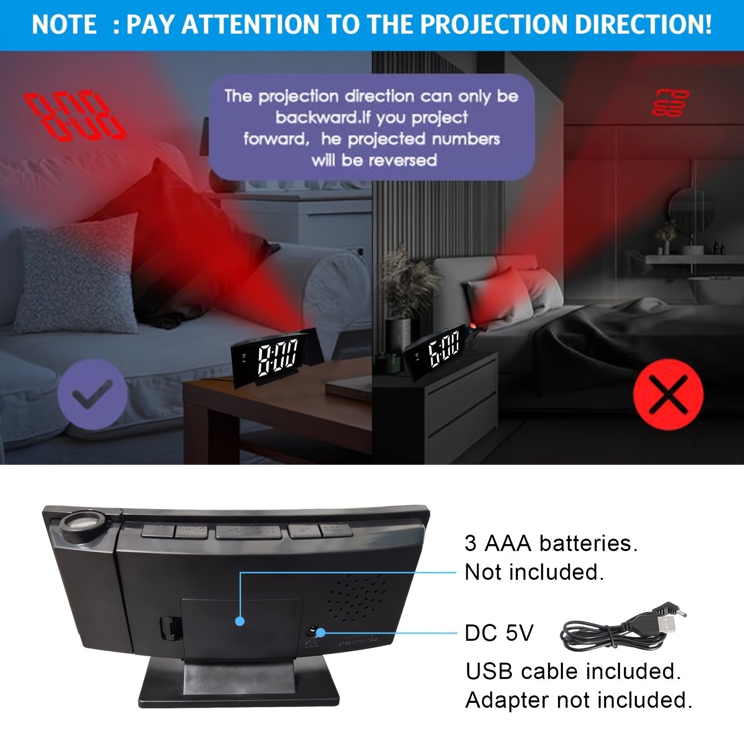 Digital projektionsväckarklocka – LED-display och snooze-funktion med justerbar ljusstyrka