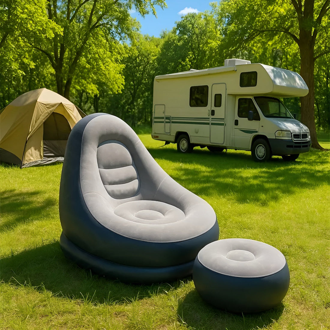 Uppblåsbart soffa med ottoman – Snabbt uppblåsbart &amp; ideal för camping eller vardagsrum
