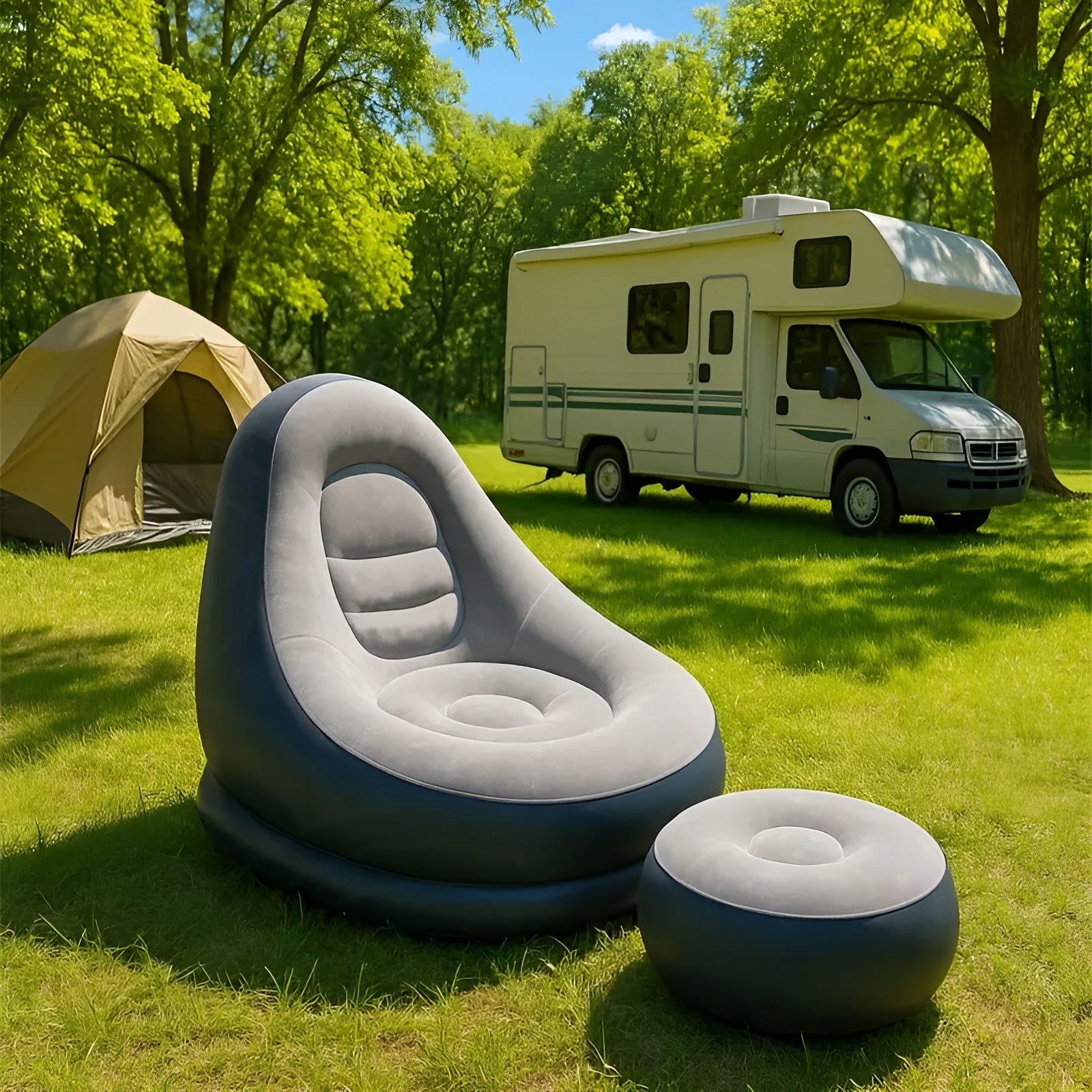 Uppblåsbart soffa med ottoman – Snabbt uppblåsbart &amp; ideal för camping eller vardagsrum