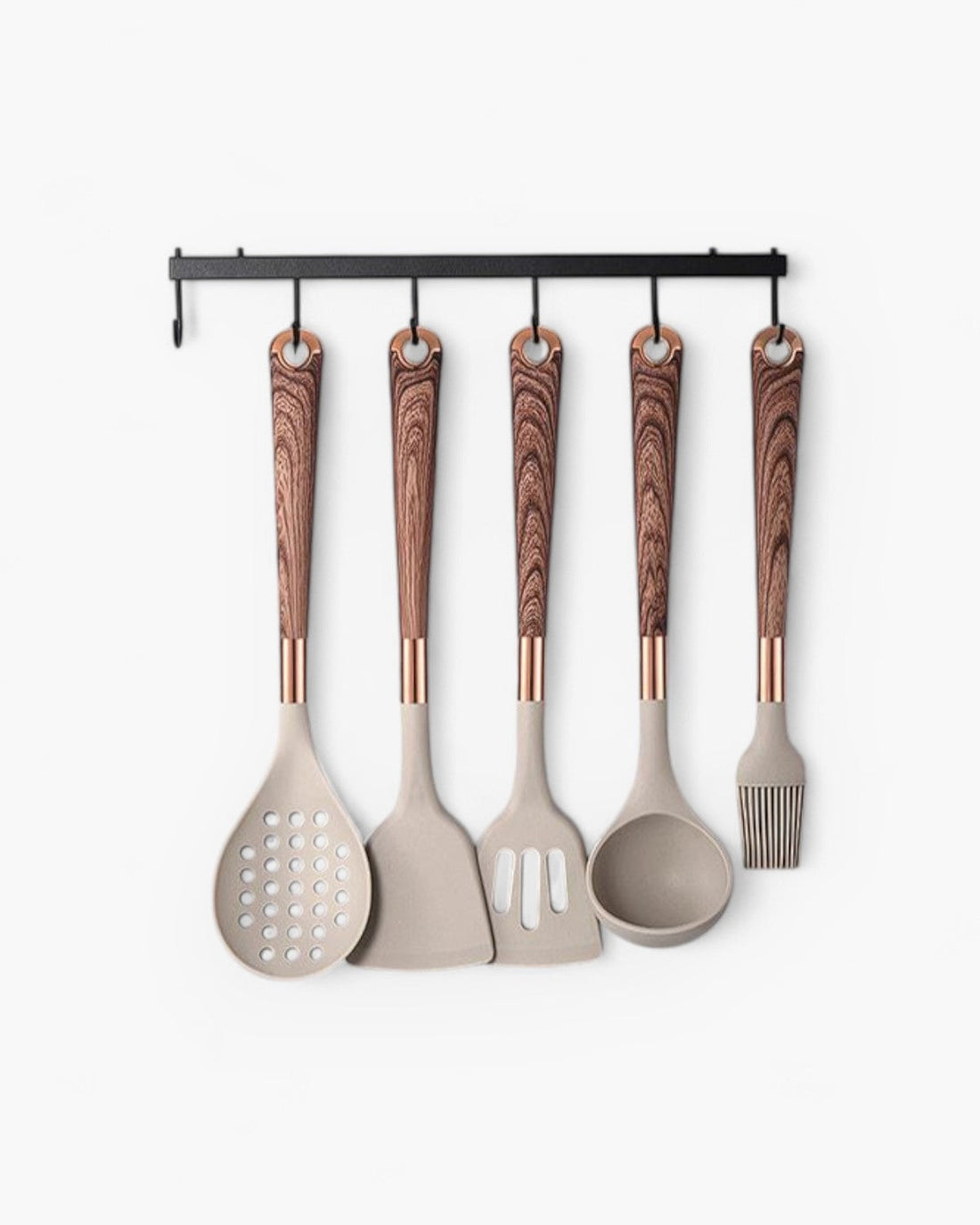 Silicone Kokkverktyg Set | 11 Delar med Guld &amp; Trä Design | Nonstick Säkra Verktyg