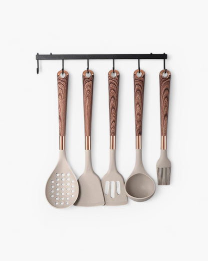 Silicone Kokkverktyg Set | 11 Delar med Guld &amp; Trä Design | Nonstick Säkra Verktyg