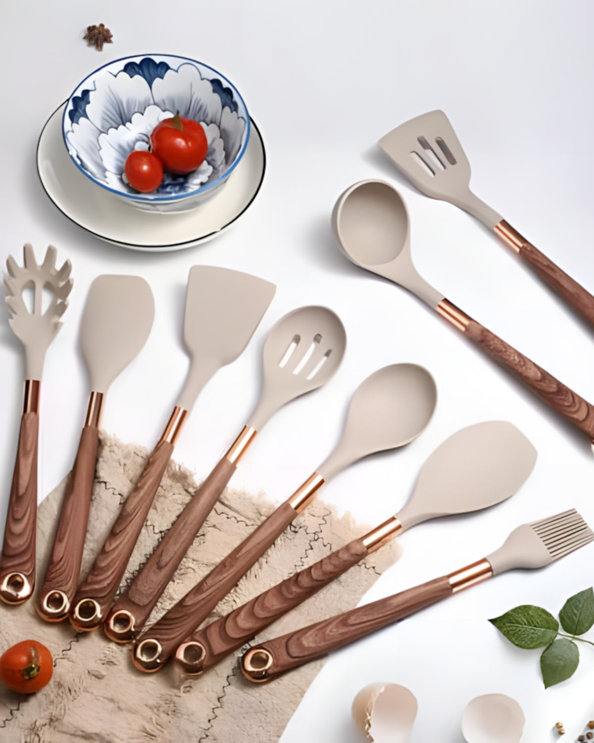 Silicone Kokkverktyg Set | 11 Delar med Guld &amp; Trä Design | Nonstick Säkra Verktyg