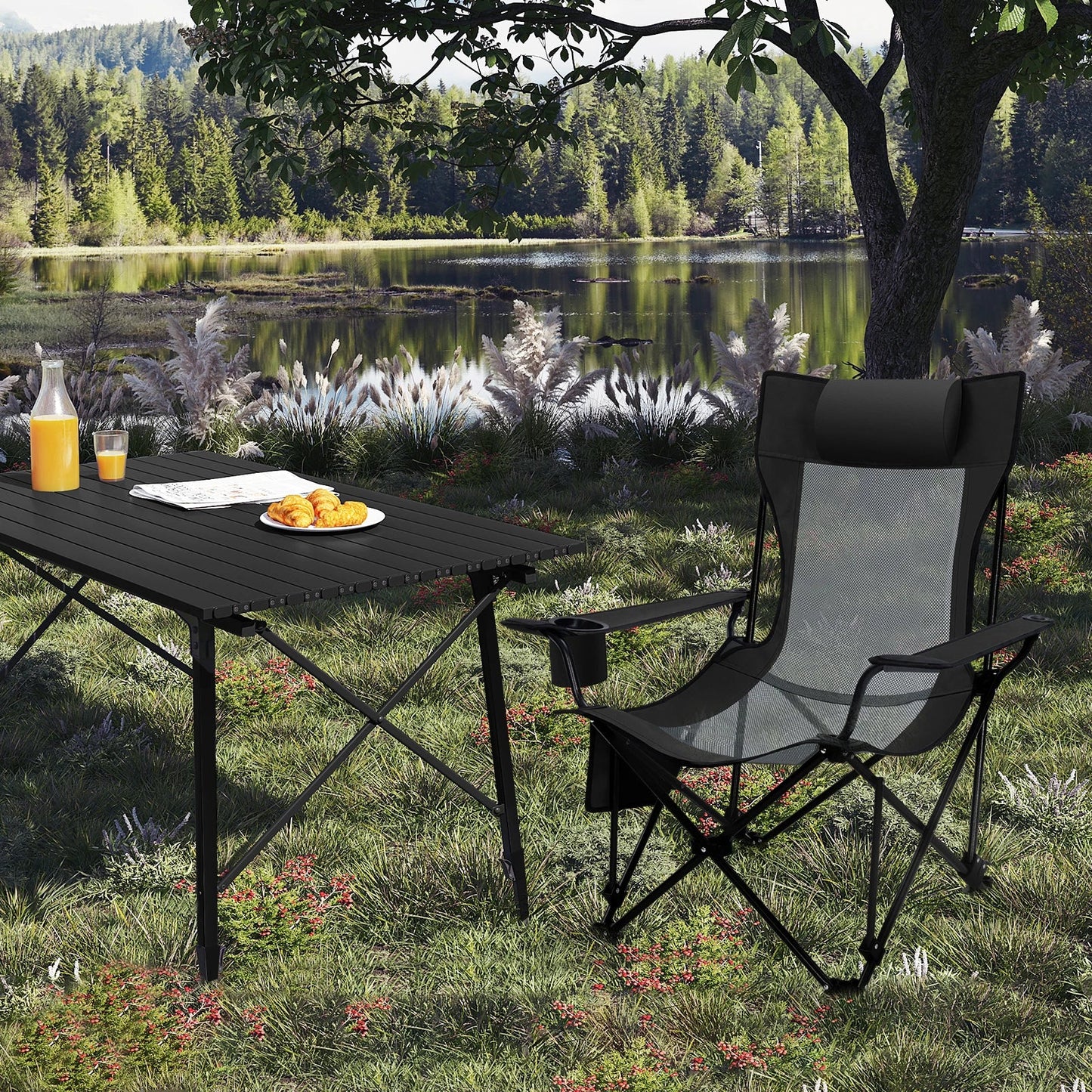 Carvallo Relax Fällstol | Justerbar & Hopfällbar | Med Fotstöd | Ultralätt & Bärbar – Svart/Grå