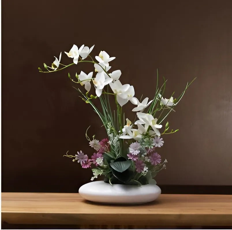 keramisk Duvvase med konstgjorda orkidéer | Modern dekorativ mittpunkt | 12&quot; Symbolisk design | Ingen underhåll