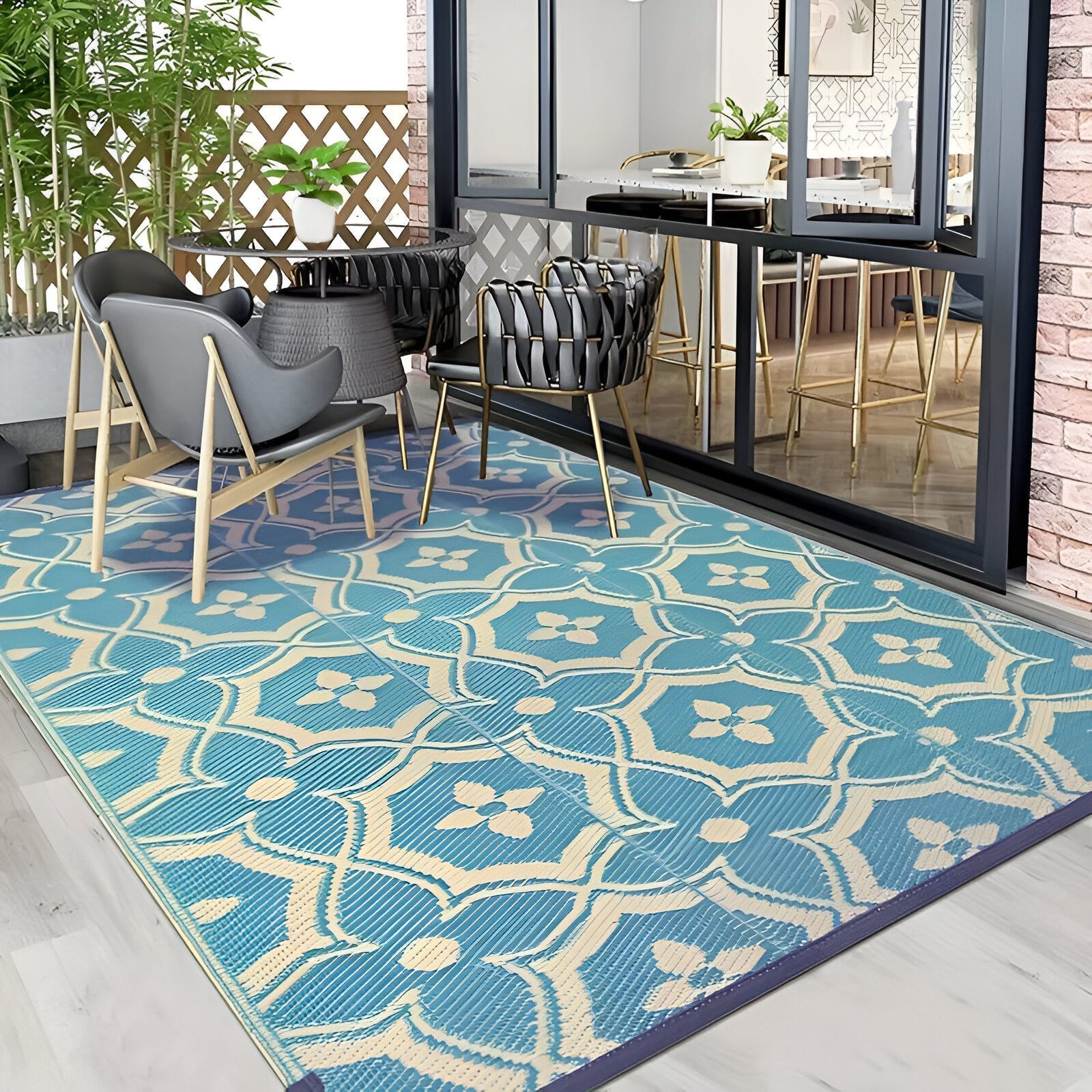 BlueBliss Utomhusmatta – Geometrisk, Vattentät Terrassmatta, Lätt att Rengöra, i Olika Storlekar