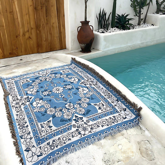 Lätt boho resefilt - Blå tusensköna blomma mönster