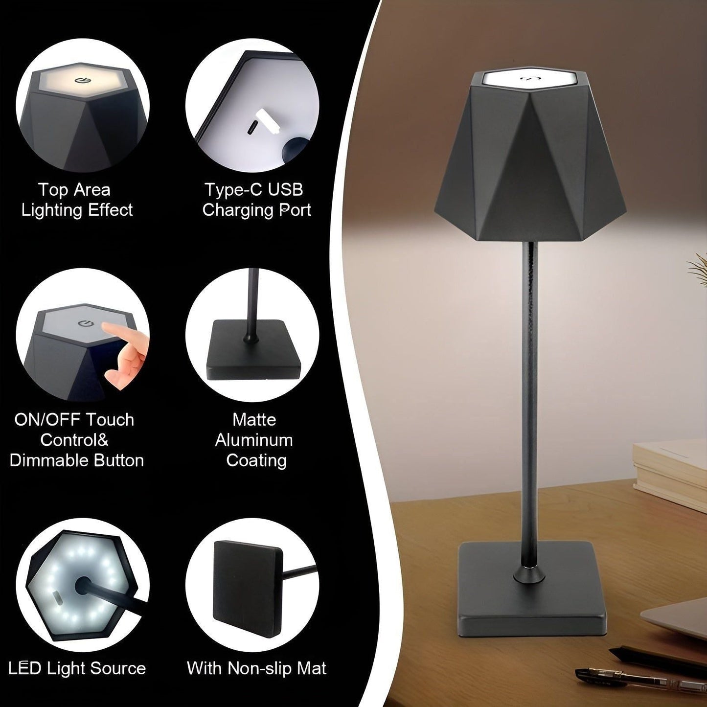 BrightLuxe Lampa - Vintage Återuppladdningsbar Trådlös LED Bordsnummer för Hemmet