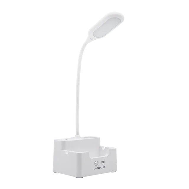 DeskBright - Flexibel LED-skrivbordslampa med penna- och telefonhållare, dimbar och USB-laddningsbar