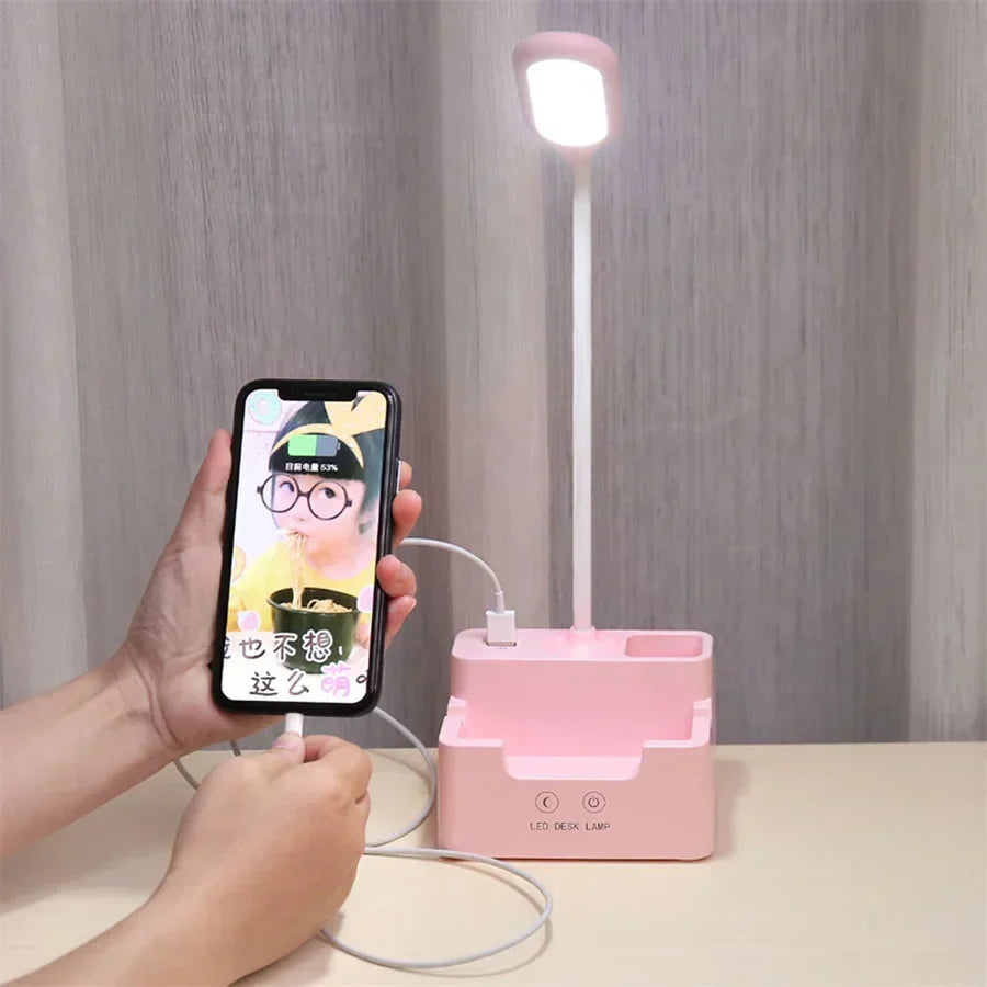 DeskBright - Flexibel LED-skrivbordslampa med penna- och telefonhållare, dimbar och USB-laddningsbar