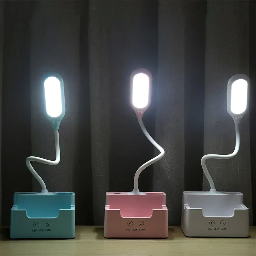 DeskBright - Flexibel LED-skrivbordslampa med penna- och telefonhållare, dimbar och USB-laddningsbar