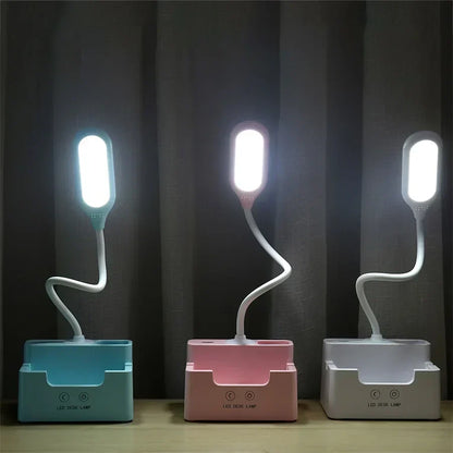 DeskBright - Flexibel LED-skrivbordslampa med penna- och telefonhållare, dimbar och USB-laddningsbar