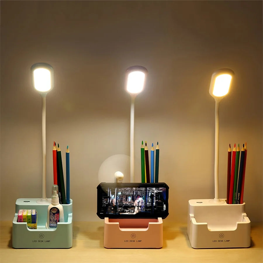 DeskBright - Flexibel LED-skrivbordslampa med penna- och telefonhållare, dimbar och USB-laddningsbar