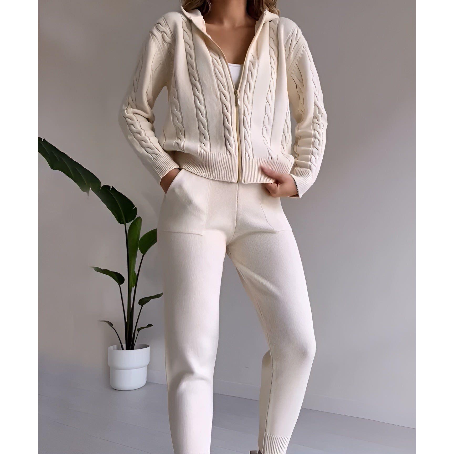 Millie Set - Stickad tvådelad hemmakostym för kvinnor (Mysig tröja + Byxor)