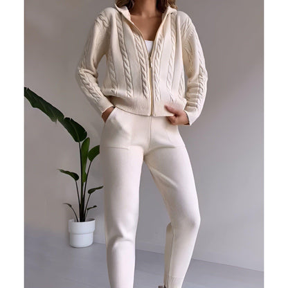 Millie Set - Stickad tvådelad hemmakostym för kvinnor (Mysig tröja + Byxor)