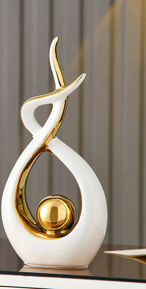 Abstrakt Keramisk Skulptur | Modern Inredning med Guld Accenter | Hylla eller Skrivbordsornament