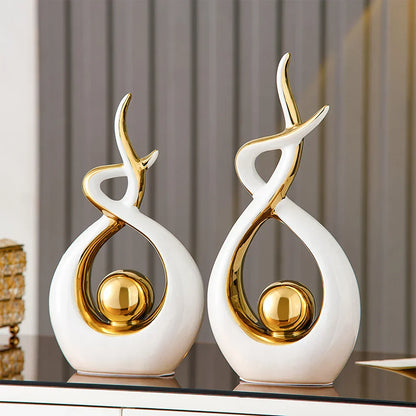 Abstrakt Keramisk Skulptur | Modern Inredning med Guld Accenter | Hylla eller Skrivbordsornament