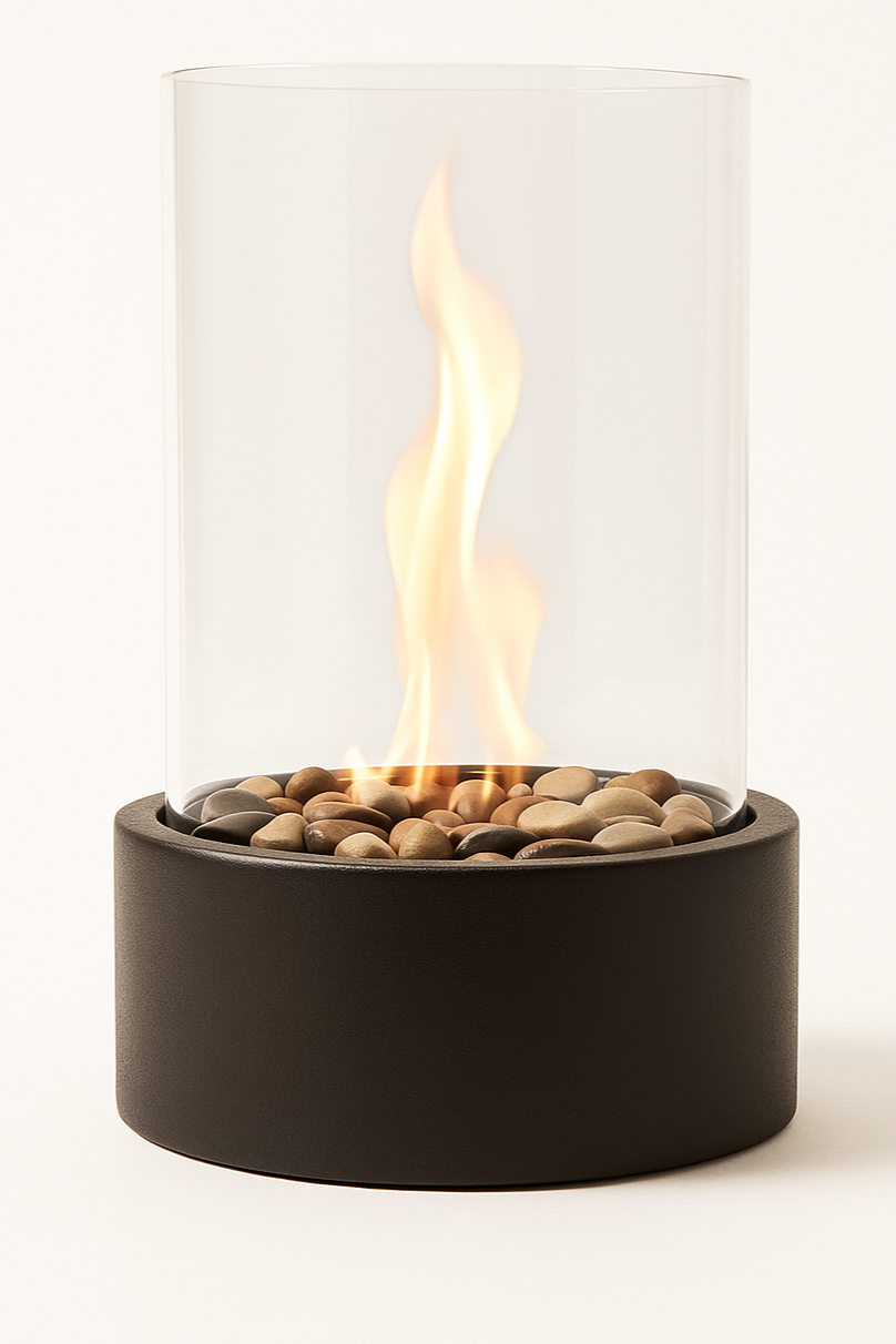 Bärbar flammtablettlykta | Gaskraftad med svart metall och glas | Inomhus- och utomhusambiance