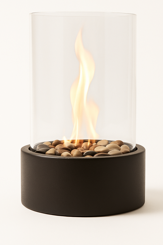 Bärbar flammtablettlykta | Gaskraftad med svart metall och glas | Inomhus- och utomhusambiance