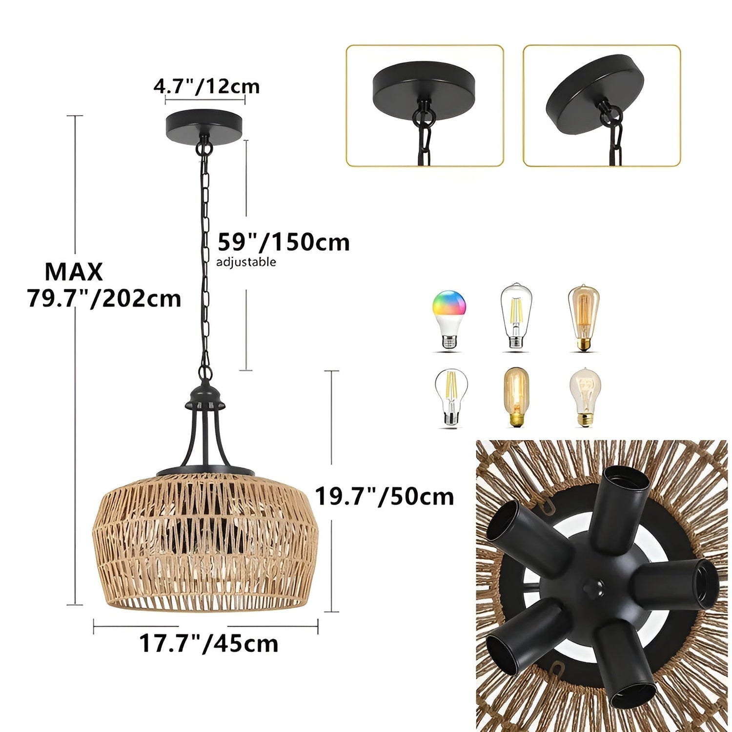 Boho-hänglampa med rottingskärm – Naturlig pendellampa för matrum och kök