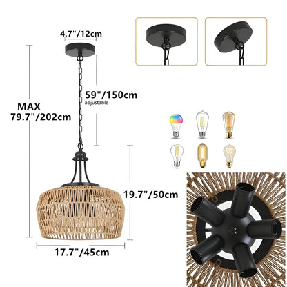 Boho-hänglampa med rottingskärm – Naturlig pendellampa för matrum och kök