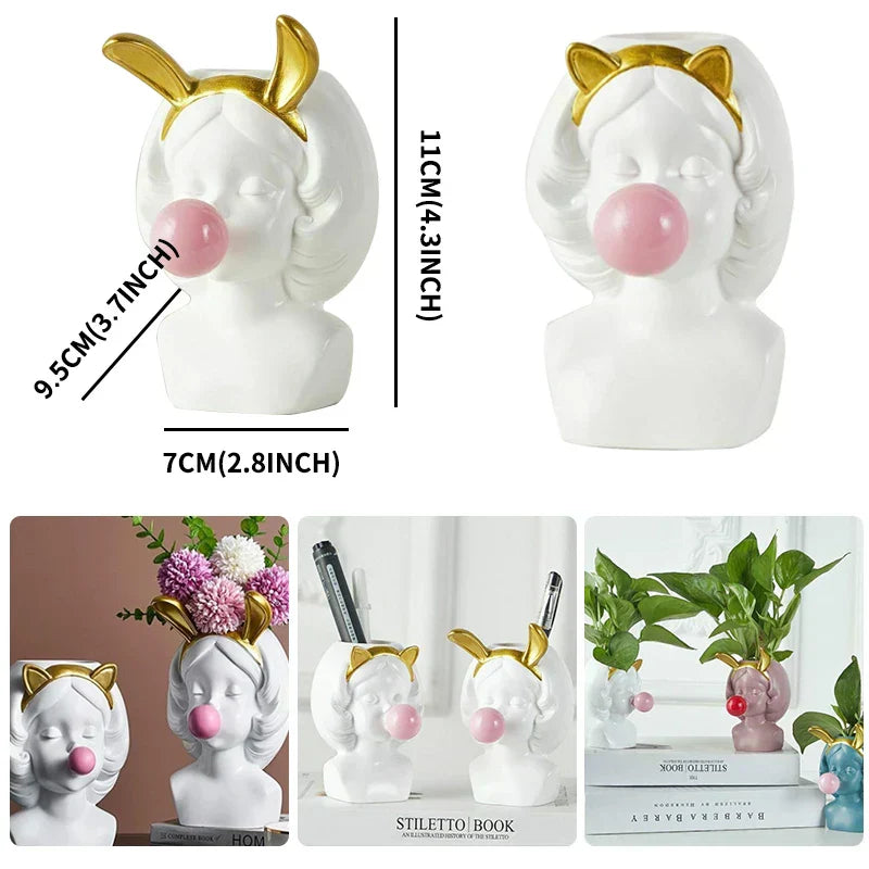 Söt Bubbelgum Flicka Keramisk Ansiktsvase för Leken Heminredning