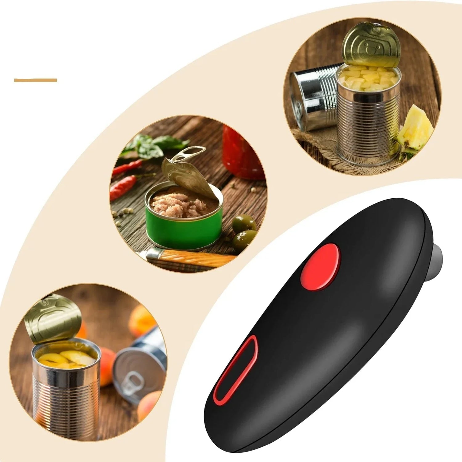 Automatisk burköppnare med ergonomiskt handtag och en-knapps betjening