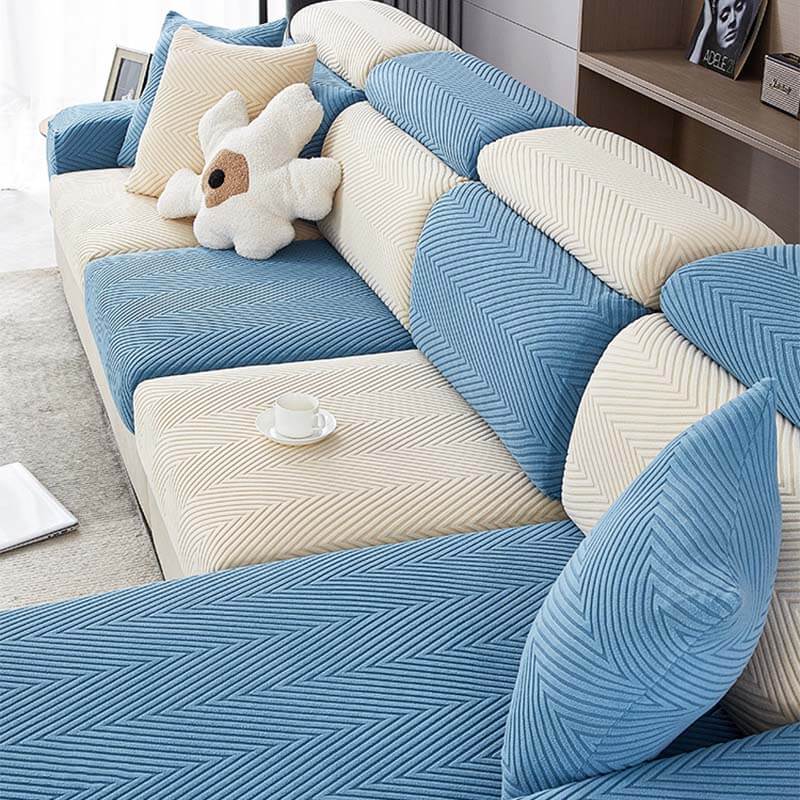 Helt Omsluten Fiskbenssoffa Täckning i Hållbar Chenille