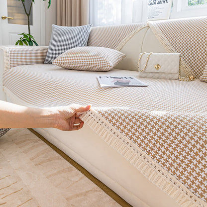 Houndstooth-mönster Elegant Fringed Mjuk Bomulls-linne Sofföverdrag