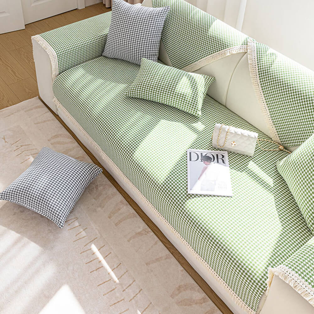 Houndstooth-mönster Elegant Fringed Mjuk Bomulls-linne Sofföverdrag