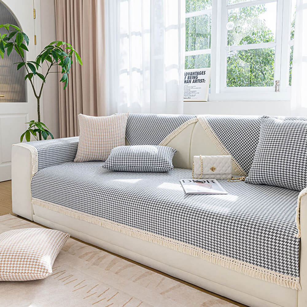 Houndstooth-mönster Elegant Fringed Mjuk Bomulls-linne Sofföverdrag