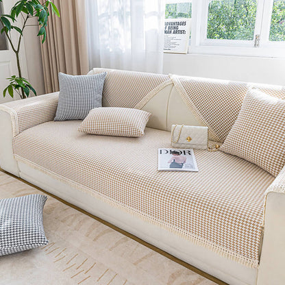 Houndstooth-mönster Elegant Fringed Mjuk Bomulls-linne Sofföverdrag