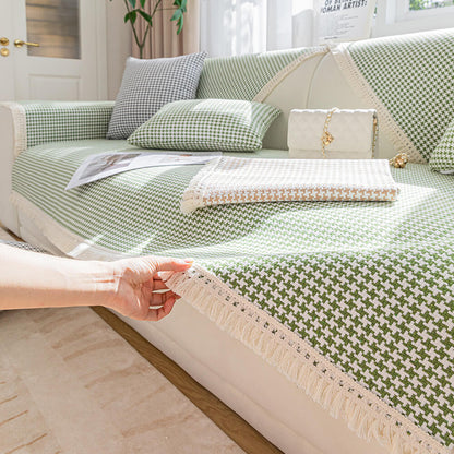 Houndstooth-mönster Elegant Fringed Mjuk Bomulls-linne Sofföverdrag